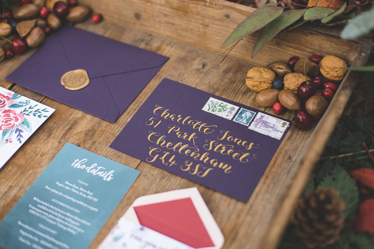 Stationery Floral Purple Red Gold Envelope Calligraphy Magical Autumn Outdoorsy Woodland Wedding Ideas http://kirstymackenziephotography.co.uk/