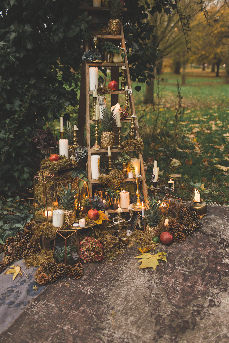 Ladder Decor Candles Fruit Flowers Red Orange Rustic Magical Autumn Outdoorsy Woodland Wedding Ideas http://kirstymackenziephotography.co.uk/