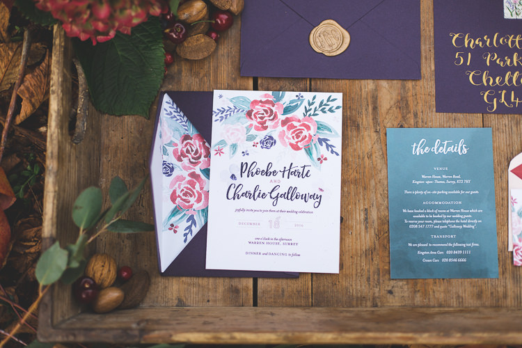 Stationery Floral Purple Red Gold Magical Autumn Outdoorsy Woodland Wedding Ideas http://kirstymackenziephotography.co.uk/
