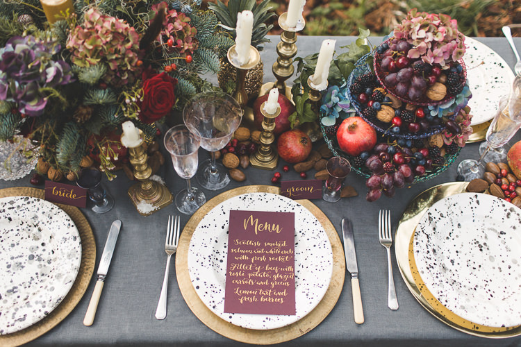 Tablescape Decor Flowers Fruit Place Setting Stationery Red Gold Greenery Magical Autumn Outdoorsy Woodland Wedding Ideas http://kirstymackenziephotography.co.uk/