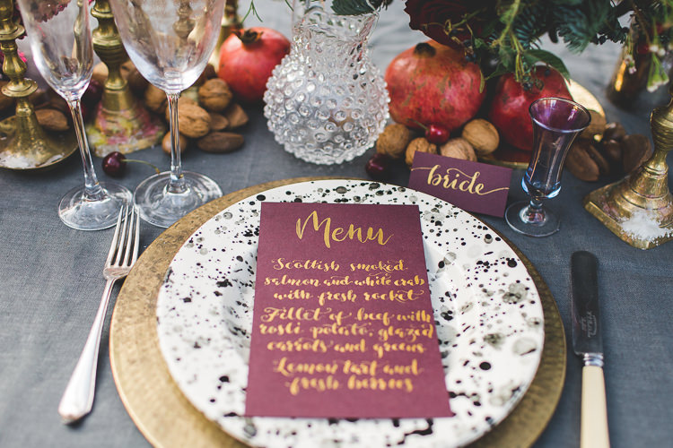 Tablescape Decor Flowers Fruit Place Setting Stationery Red Gold Greenery Magical Autumn Outdoorsy Woodland Wedding Ideas http://kirstymackenziephotography.co.uk/