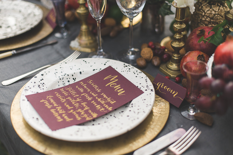 Tablescape Decor Flowers Fruit Place Setting Stationery Red Gold Greenery Magical Autumn Outdoorsy Woodland Wedding Ideas http://kirstymackenziephotography.co.uk/