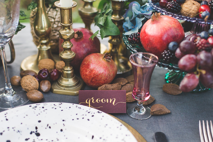Gold Red Place Name Card Calligraphy Magical Autumn Outdoorsy Woodland Wedding Ideas http://kirstymackenziephotography.co.uk/