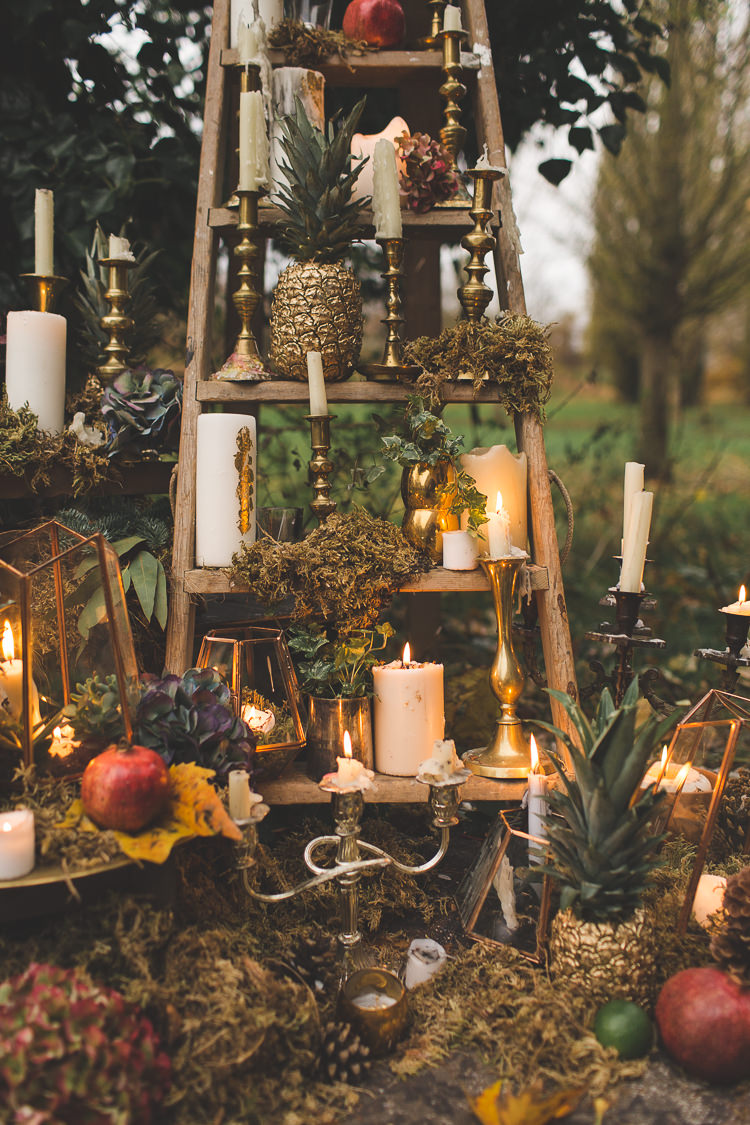 Ladder Decor Candles Fruit Flowers Red Orange Rustic Magical Autumn Outdoorsy Woodland Wedding Ideas http://kirstymackenziephotography.co.uk/