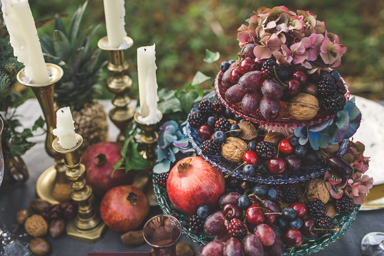 Tablescape Decor Flowers Fruit Place Setting Stationery Red Gold Greenery Magical Autumn Outdoorsy Woodland Wedding Ideas http://kirstymackenziephotography.co.uk/