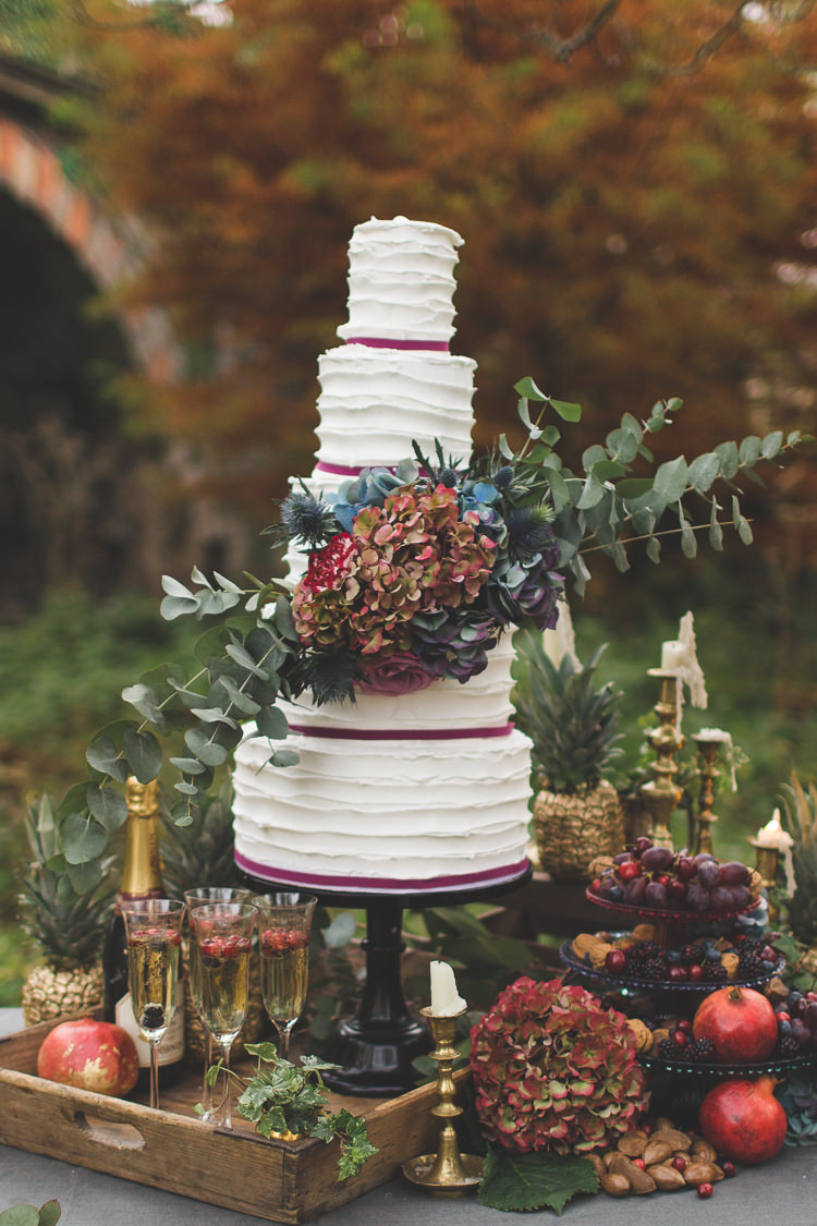 Buttercream Cake Flower Arrangement Hydrangea Red Blue Magical Autumn Outdoorsy Woodland Wedding Ideas http://kirstymackenziephotography.co.uk/