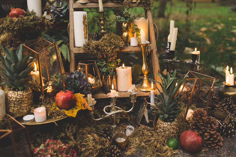 Ladder Decor Candles Fruit Flowers Red Orange Rustic Magical Autumn Outdoorsy Woodland Wedding Ideas http://kirstymackenziephotography.co.uk/
