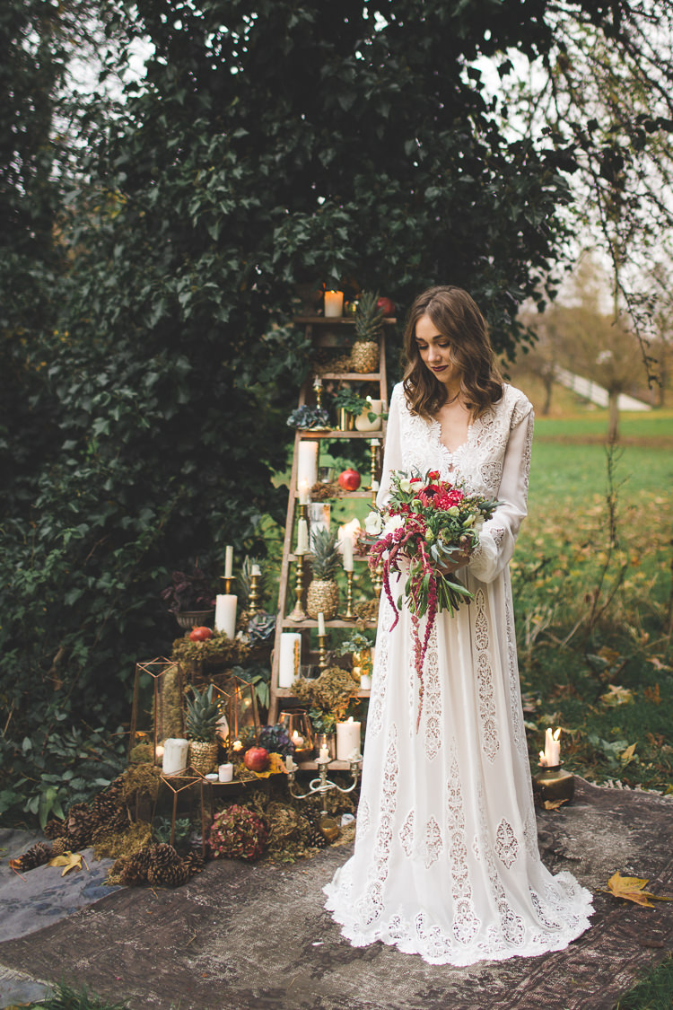 1970s Boho Bohemian Bride Bridal Gown Dress Sleeves Francis Bridal Magical Autumn Outdoorsy Woodland Wedding Ideas http://kirstymackenziephotography.co.uk/
