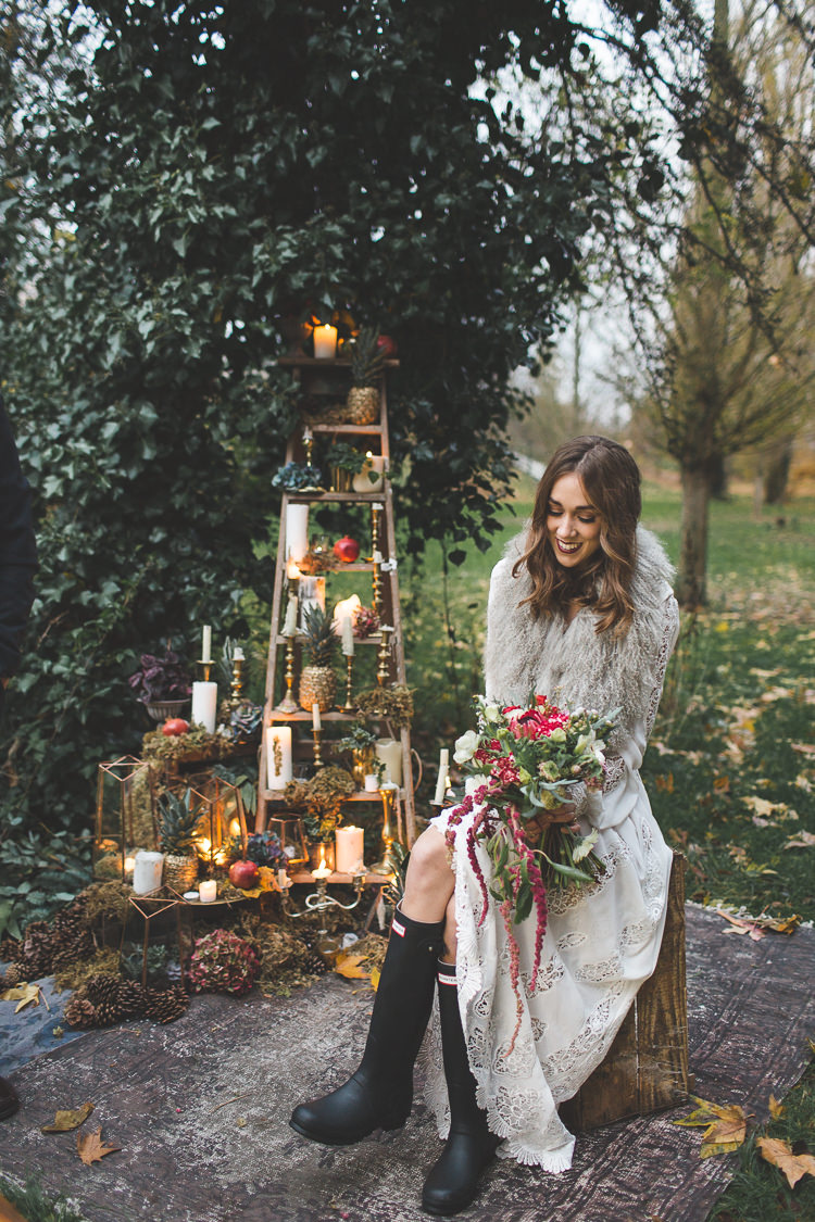 Hunter Wellies Bride Bridal 70s Dress Cape Magical Autumn Outdoorsy Woodland Wedding Ideas http://kirstymackenziephotography.co.uk/