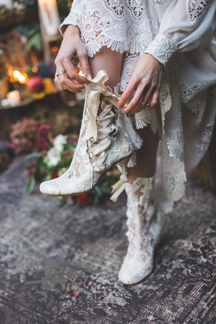 Lace Ribbon Boots Bride Bridal Magical Autumn Outdoorsy Woodland Wedding Ideas http://kirstymackenziephotography.co.uk/