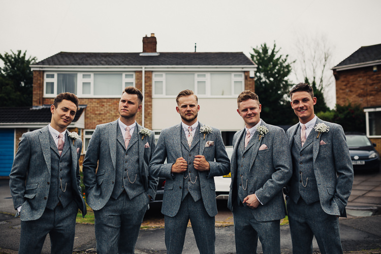 Grey Tweed Groomsmen Suits Pink Ties Quirky Crafty Rustic Barn Wedding http://www.stevebridgwoodphotography.co.uk/