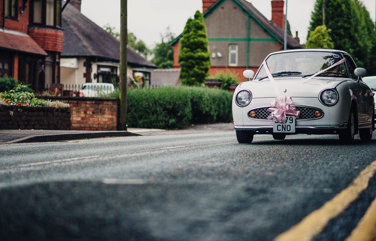 Nissan Figaro Car Transport Quirky Crafty Rustic Barn Wedding http://www.stevebridgwoodphotography.co.uk/