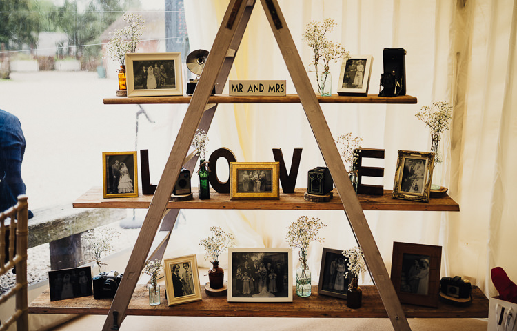 Ladder Decor Photographs Letters Sign Quirky Crafty Rustic Barn Wedding http://www.stevebridgwoodphotography.co.uk/
