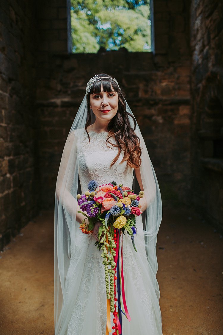 Bride Bridal Dress Gown Lace Veil Colourful Indie Dinosaur Wedding http://bloomweddings.co.uk/