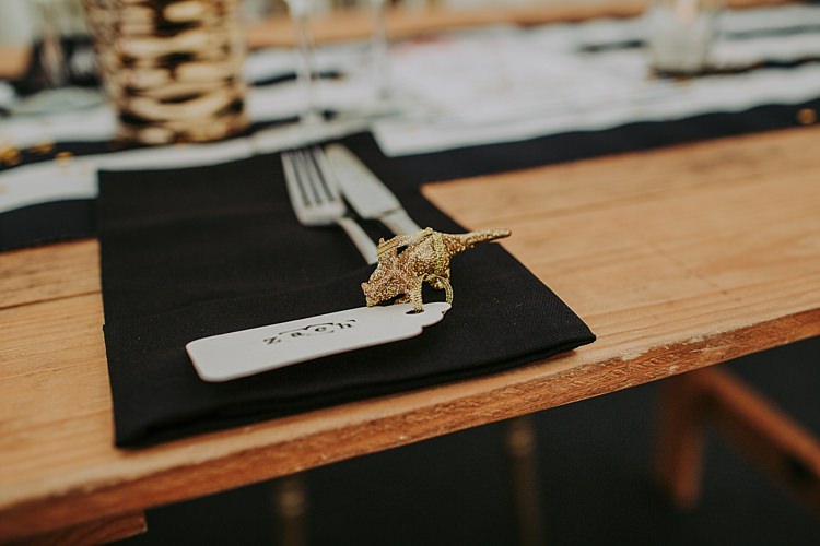 Glitter Gold Decor Place Name Setting Colourful Indie Dinosaur Wedding http://bloomweddings.co.uk/