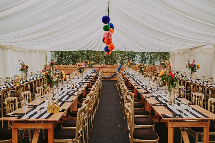 Rainbow Marquee Colourful Indie Dinosaur Wedding http://bloomweddings.co.uk/