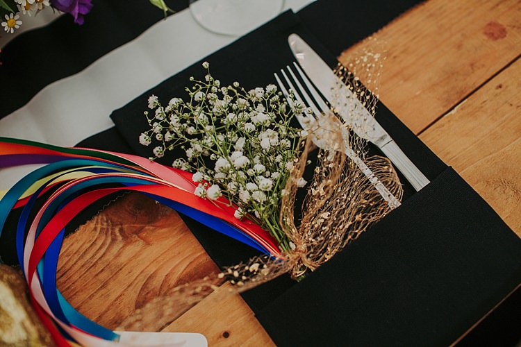 Flowers Ribbon Place Setting Decor Colourful Indie Dinosaur Wedding http://bloomweddings.co.uk/