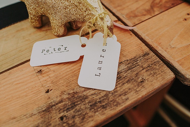 Glitter Gold Luggage Tag Place Name Decor Colourful Indie Dinosaur Wedding http://bloomweddings.co.uk/
