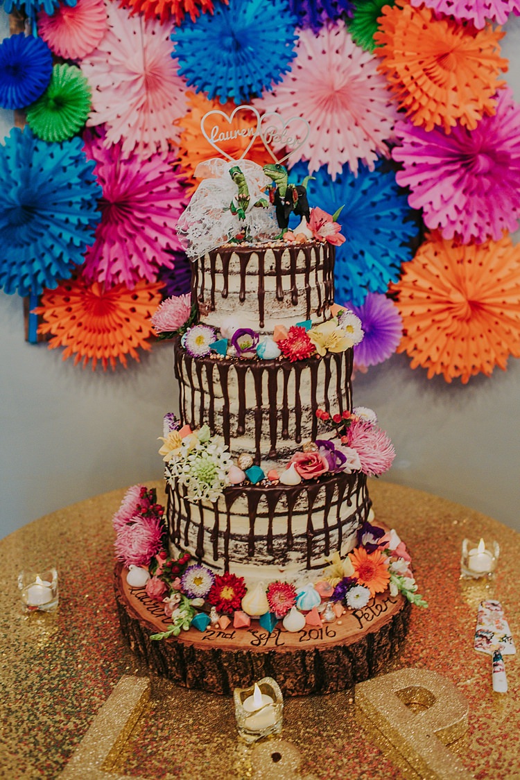 Cake Naked Buttercream Drip Meringues Flowers Log Colourful Indie Dinosaur Wedding http://bloomweddings.co.uk/