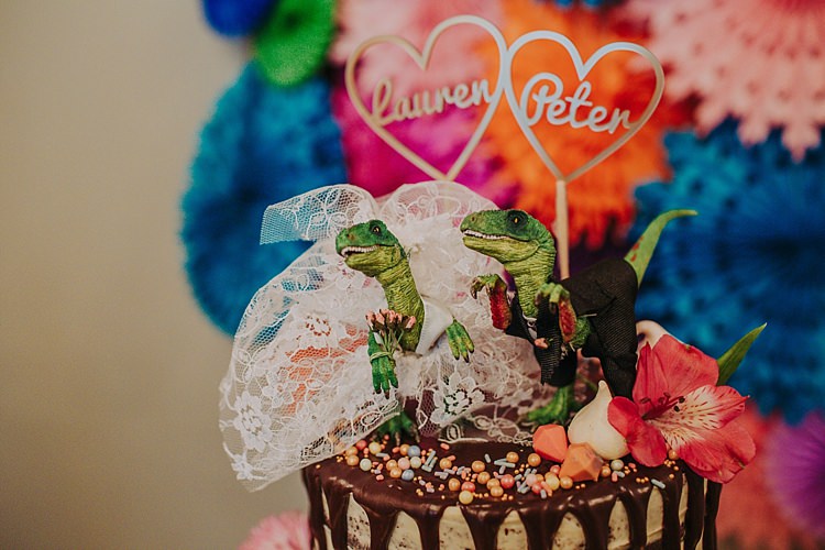 Dinosaur Cake Topper Colourful Indie Dinosaur Wedding http://bloomweddings.co.uk/