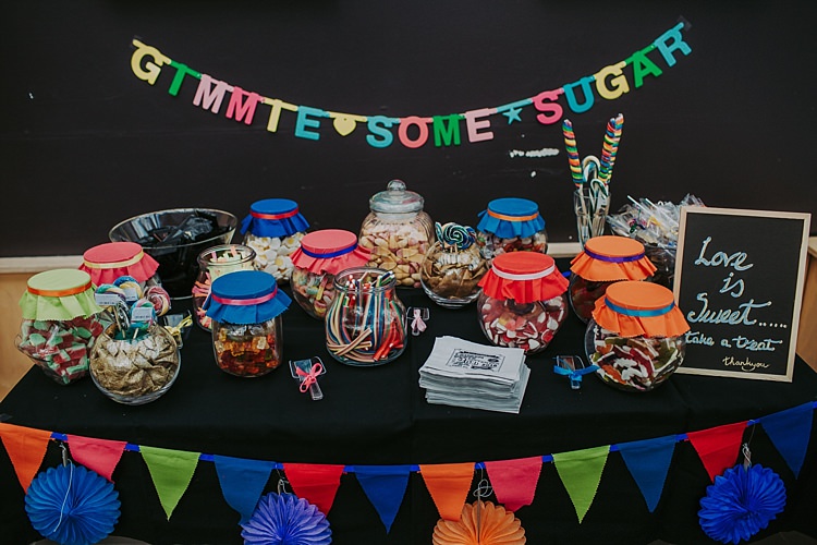 Sweets Sweetie Table Dessert Bar Station Colourful Indie Dinosaur Wedding http://bloomweddings.co.uk/