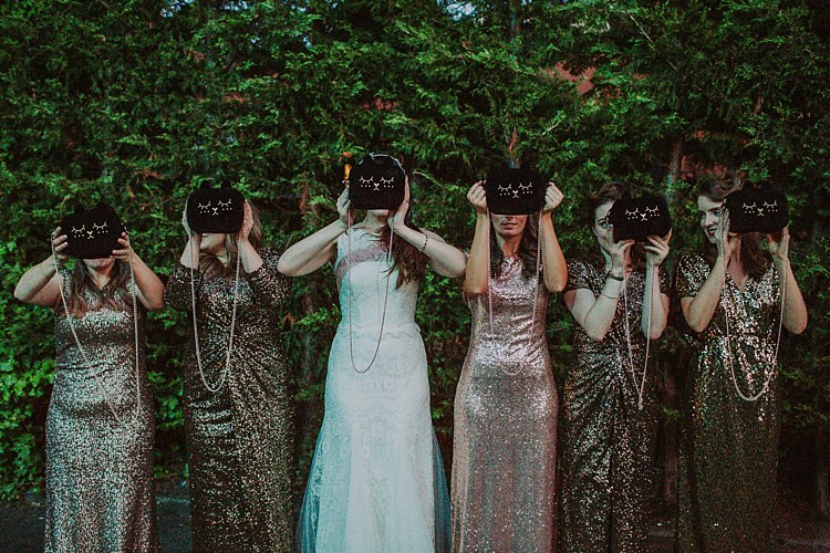 Cat Bags Bride Bridesmaids Sequins Colourful Indie Dinosaur Wedding http://bloomweddings.co.uk/