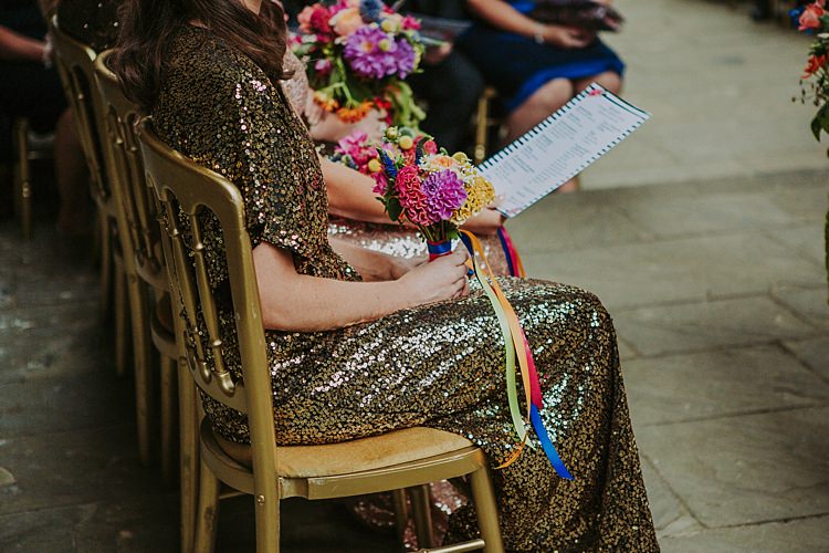 Sequin Gold Bridesmaid Dress Colourful Indie Dinosaur Wedding http://bloomweddings.co.uk/