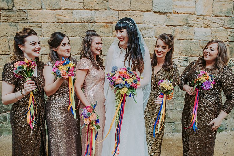 Sequin Bridesmaid Dresses Gold Long Colourful Indie Dinosaur Wedding http://bloomweddings.co.uk/