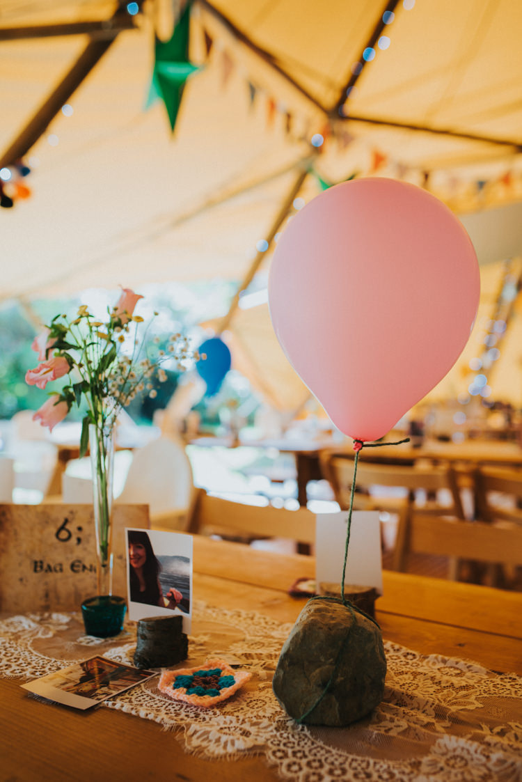 Balloon Table Decor Lace Flowers Rustic Multicoloured Crafty Carnival Wedding http://alicethecamera.co.uk/