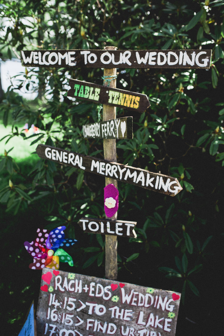 Rustic Wooden Sign Post Multicoloured Crafty Carnival Wedding http://alicethecamera.co.uk/