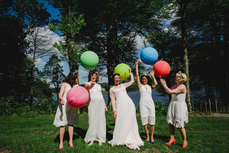 Mismatched White Bridesmaid Dresses Balloons Multicoloured Crafty Carnival Wedding http://alicethecamera.co.uk/