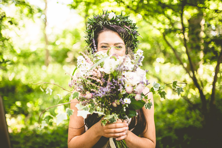 Bride Bridal Flowers Bouquet Crown Wild Natural Rustic Bohemian DIY Barn Wedding http://lovethatsmilephotography.com/