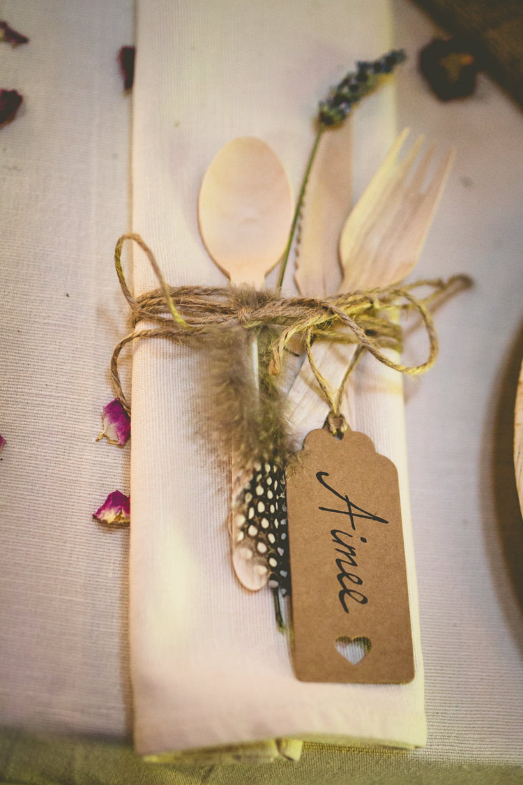 Place Setting Name Luggage Tag Feather Lavender Rustic Bohemian DIY Barn Wedding http://lovethatsmilephotography.com/