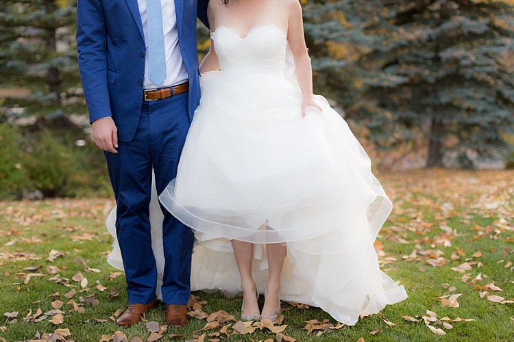 Bride Strapless Ballgown Bridal Gown Groom Blue Suit White Shirt Light Blue Tie Tan Belt Shoes Romantic Mountain Wedding Colorado http://irvingphotographydenver.com/