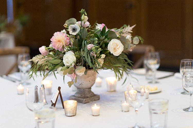 Reception Table Setting Potted Multicoloured Pastel Florals Roses Peonies Anemones Greenery Mini Wooden Easel Table Number Candles Romantic Mountain Wedding Colorado http://irvingphotographydenver.com/