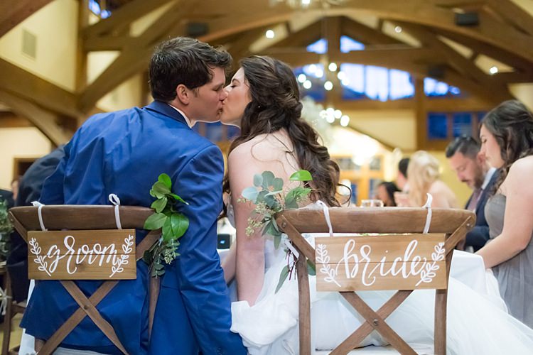 Reception Bride Groom Wooden Chairs Wooden Bride Groom Signs White Ribbons Greenery Guests Romantic Mountain Wedding Colorado http://irvingphotographydenver.com/