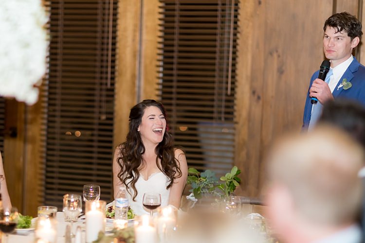 Reception Speeches Bride Strapless Lace Ballgown Bridal Gown Groom Blue Suit White Shirt Light Blue Tie Candles Guests Romantic Mountain Wedding Colorado http://irvingphotographydenver.com/