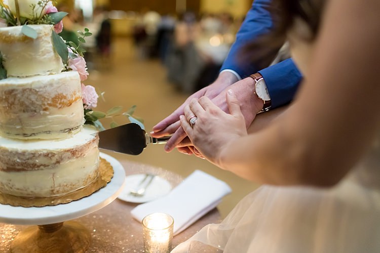Reception Cake Cutting Naked Wedding Cake Pale Pink Florals Groom Bride Romantic Mountain Wedding Colorado http://irvingphotographydenver.com/