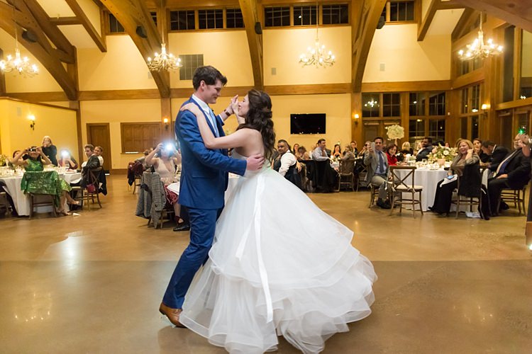 Reception First Dance Bride Strapless Lace Bridal Gown Groom Blue Suit White Shirt Light Blue Tie Guests Romantic Mountain Wedding Colorado http://irvingphotographydenver.com/