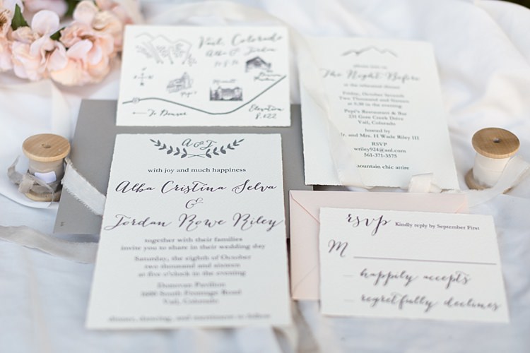 Wedding Stationery Invitation RSVP White Grey Calligraphy Pale Pink Grey Envelopes Romantic Mountain Wedding Colorado http://irvingphotographydenver.com/