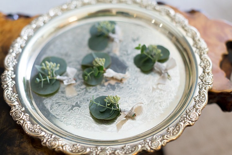 Buttonholes Greenery White Ribbons Silver Tray Romantic Mountain Wedding Colorado http://irvingphotographydenver.com/