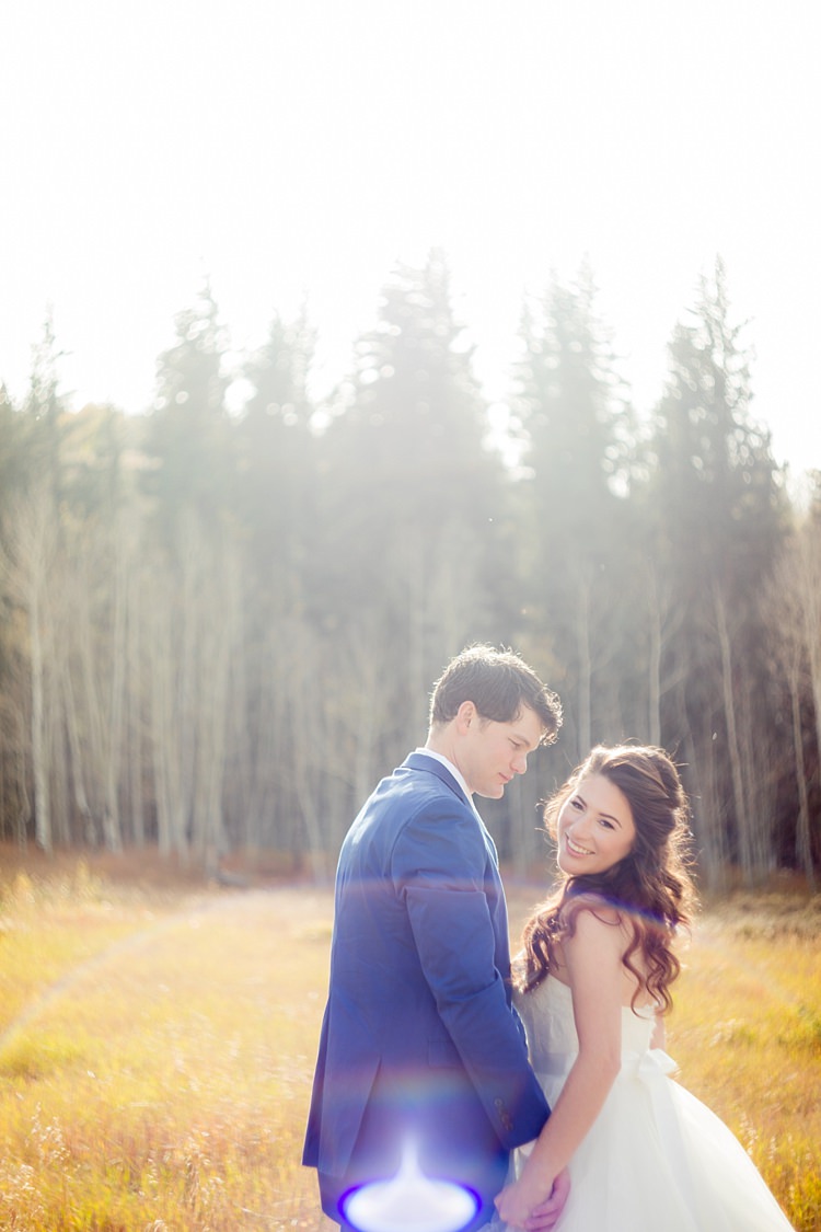 Bride Strapless Lace Ballgown Bridal Gown Loose Curls Hairstyle Groom Blue Suit White Shirt Romantic Mountain Wedding Colorado http://irvingphotographydenver.com/