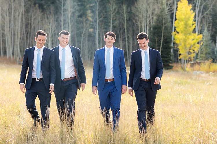 Groom Blue Suit White Shirt Light Blue Tie Tan Belt Groomsmen Navy Suits White Shirts Light Blue Ties Romantic Mountain Wedding Colorado http://irvingphotographydenver.com/