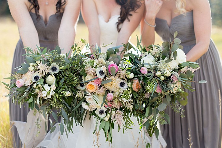 Bride Strapless Lace Ballgown Bridal Gown Bridesmaids Grey Strapless Dresses Bouquets Multicoloured Pastel Roses Peonies Anemones Greenery Florals Romantic Mountain Wedding Colorado http://irvingphotographydenver.com/