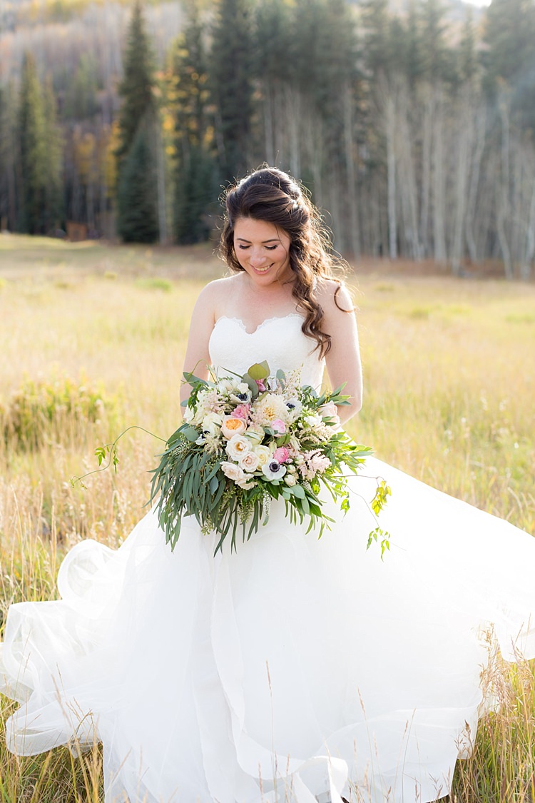 Bride Strapless Lace Ballgown Bridal Gown Bouquet Multicoloured Pastel Peonies Roses Anemones Flowers Romantic Mountain Wedding Colorado http://irvingphotographydenver.com/