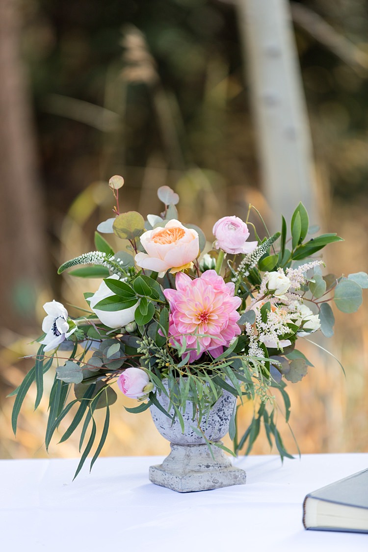 Outdoor Ceremony Potted Multicoloured Florals Peonies Roses Anemones Greenery Romantic Mountain Wedding Colorado http://irvingphotographydenver.com/