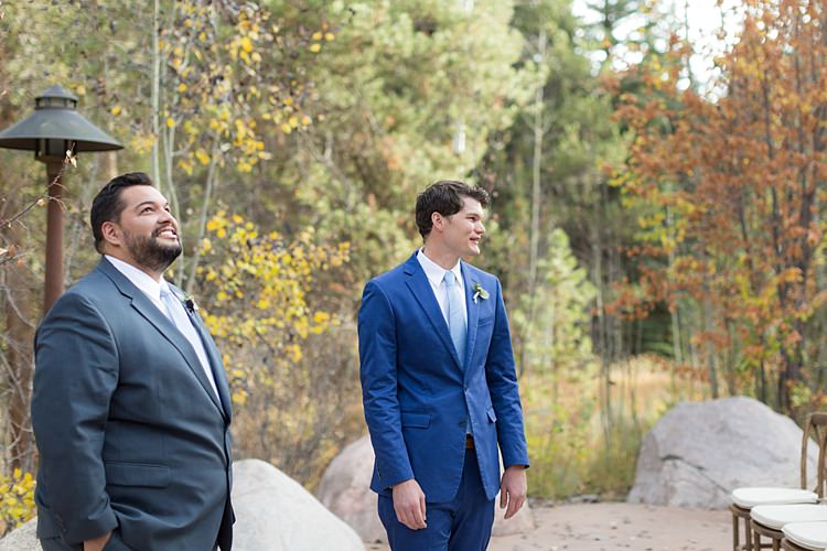 Outdoor Ceremony Groom Blue Suit White Shirt Light Blue Tie Autumn Trees Romantic Mountain Wedding Colorado http://irvingphotographydenver.com/