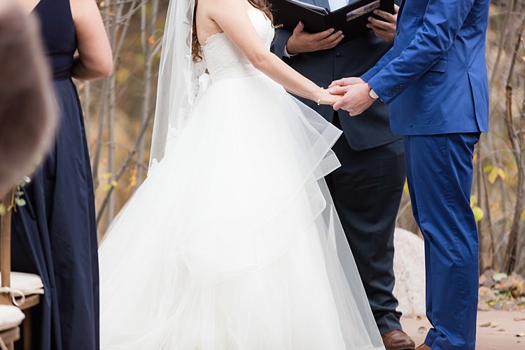 Outdoor Ceremony Bride Strapless Lace Ballgown Bridal Gown Veil Groom Blue Suit Celebrant Romantic Mountain Wedding Colorado http://irvingphotographydenver.com/