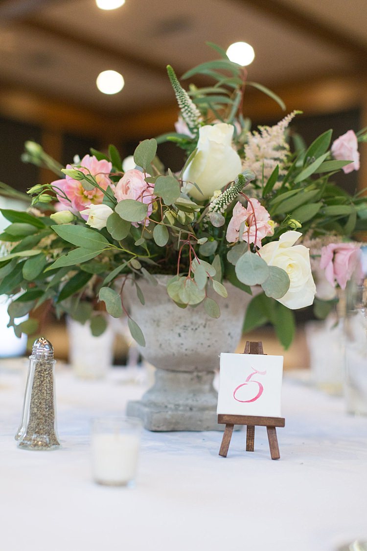 Reception Table Setting Potted Multicoloured Pastel Florals Roses Anemones Peonies Greenery Mini Easel Table Number Pink Calligraphy Romantic Mountain Wedding Colorado http://irvingphotographydenver.com/