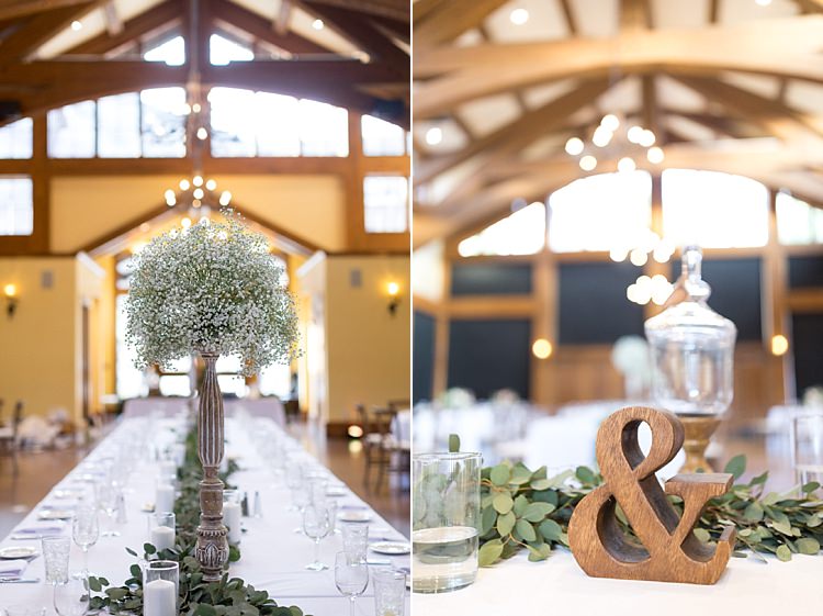 Reception Table Setting Large Silver Vase Gypsophila Leaves Candles Wooden & Sign Romantic Mountain Wedding Colorado http://irvingphotographydenver.com/